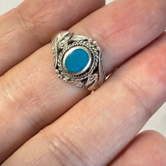 VTG Sterling Silver 925 Turquoise Bezel Set Swan Design Shoulders Ring Size 6 - Picture 8 of 10